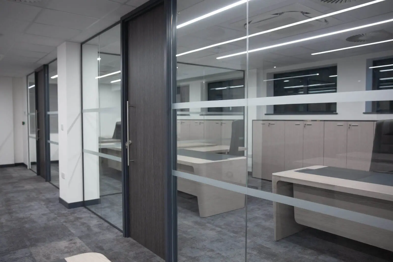 Office space design with Solid Doors Glass Partitions
