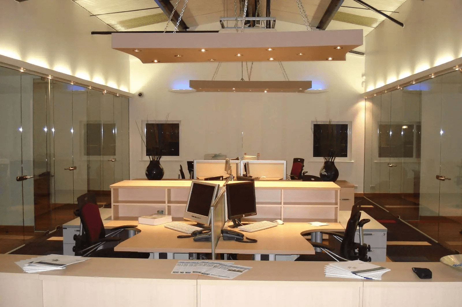 Office with orange chairs