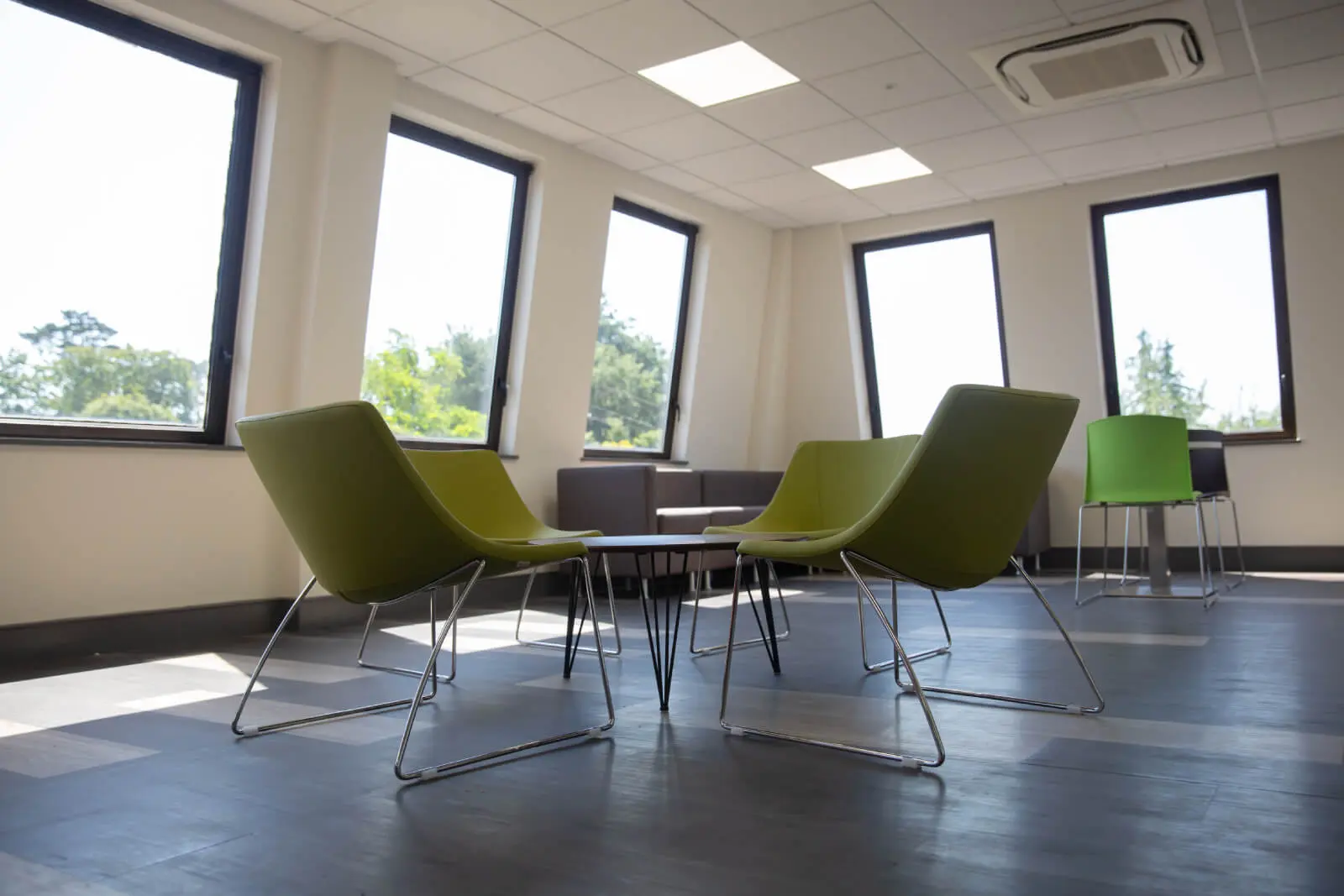 Creative Car Park office space with designer desks, chairs, suspended grid ceiling, flooring, splash backs and glass partitions Creative Car Park office space with designer desks, chairs, suspended grid ceiling, flooring, splash backs and glass partitions