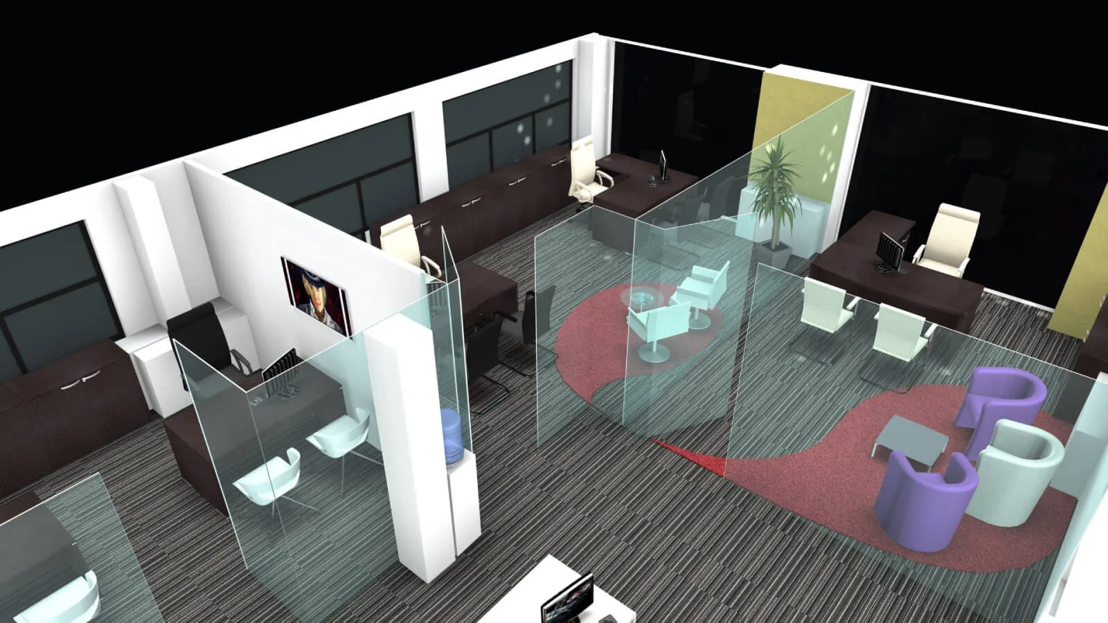 Unimines office space with designer furnitures and laminated wood flooring and suspended grid ceiling and glass partitions screen Unimines office space with designer furnitures and laminated wood flooring and suspended grid ceiling and glass partitions screen