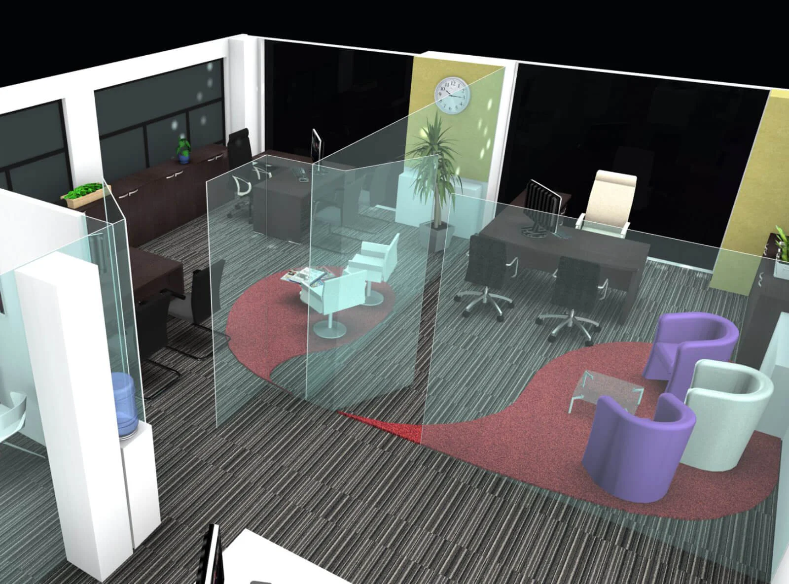 Unimines office space with designer furnitures and laminated wood flooring and suspended grid ceiling and glass partitions screen Unimines office space with designer furnitures and laminated wood flooring and suspended grid ceiling and glass partitions screen