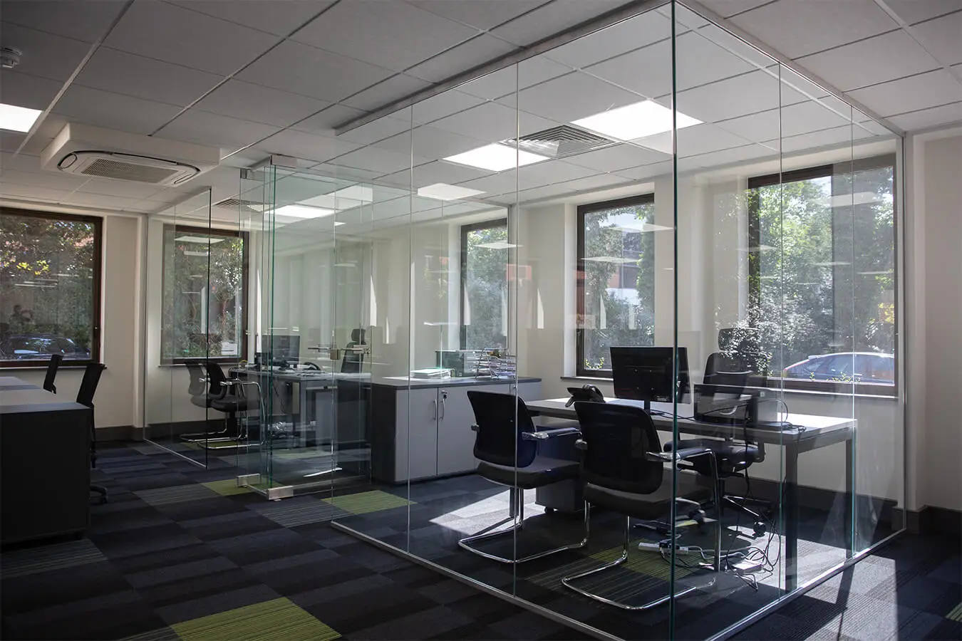 Office space with glass partitions