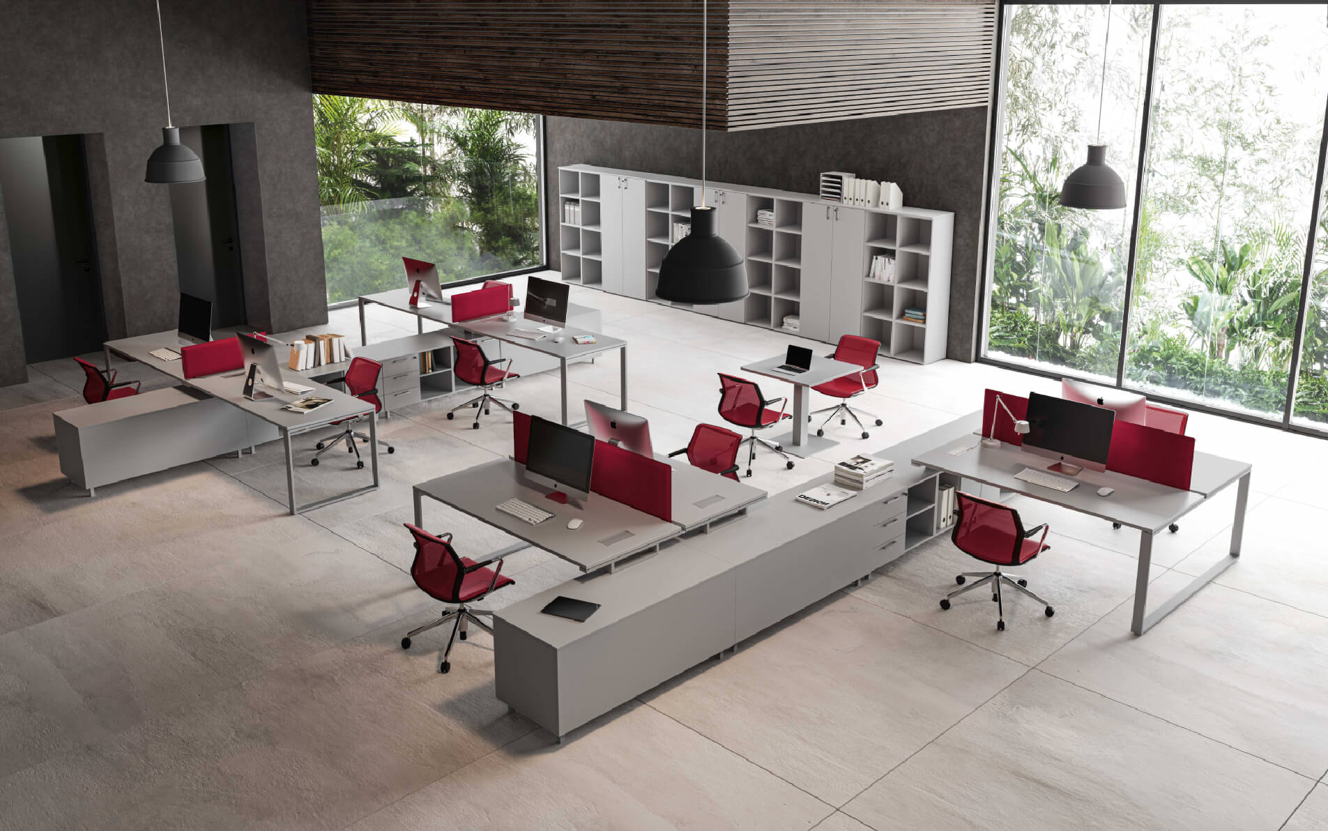 Office space with designer back to back desks and chairs