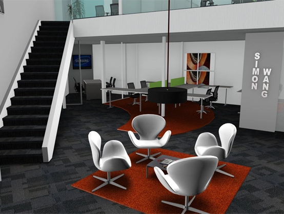 Simon Wang IT consultation office space with designer furnitures and carpet tile flooring and suspended grid ceiling and frameless glass partitions screen
