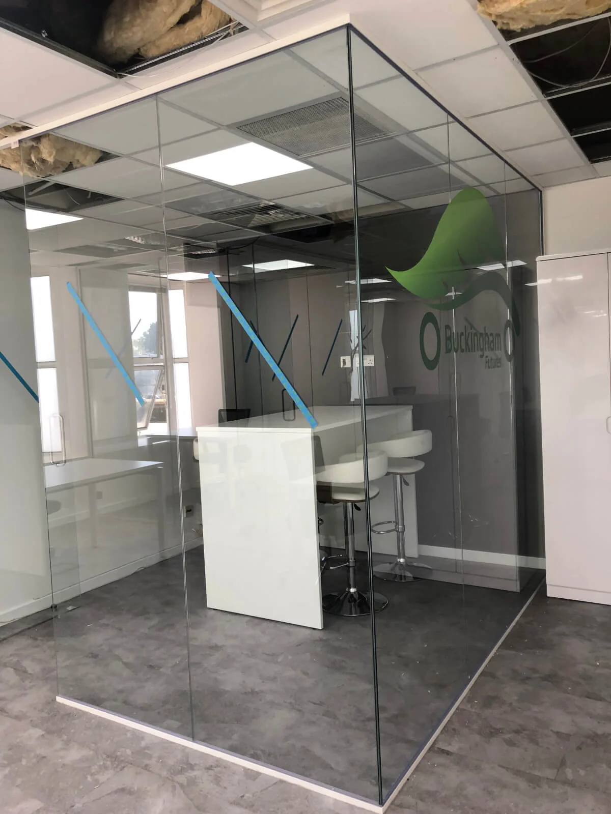 Buckingham Futures office with single glazed with frameless doors glass partitions and desinger furniture 8