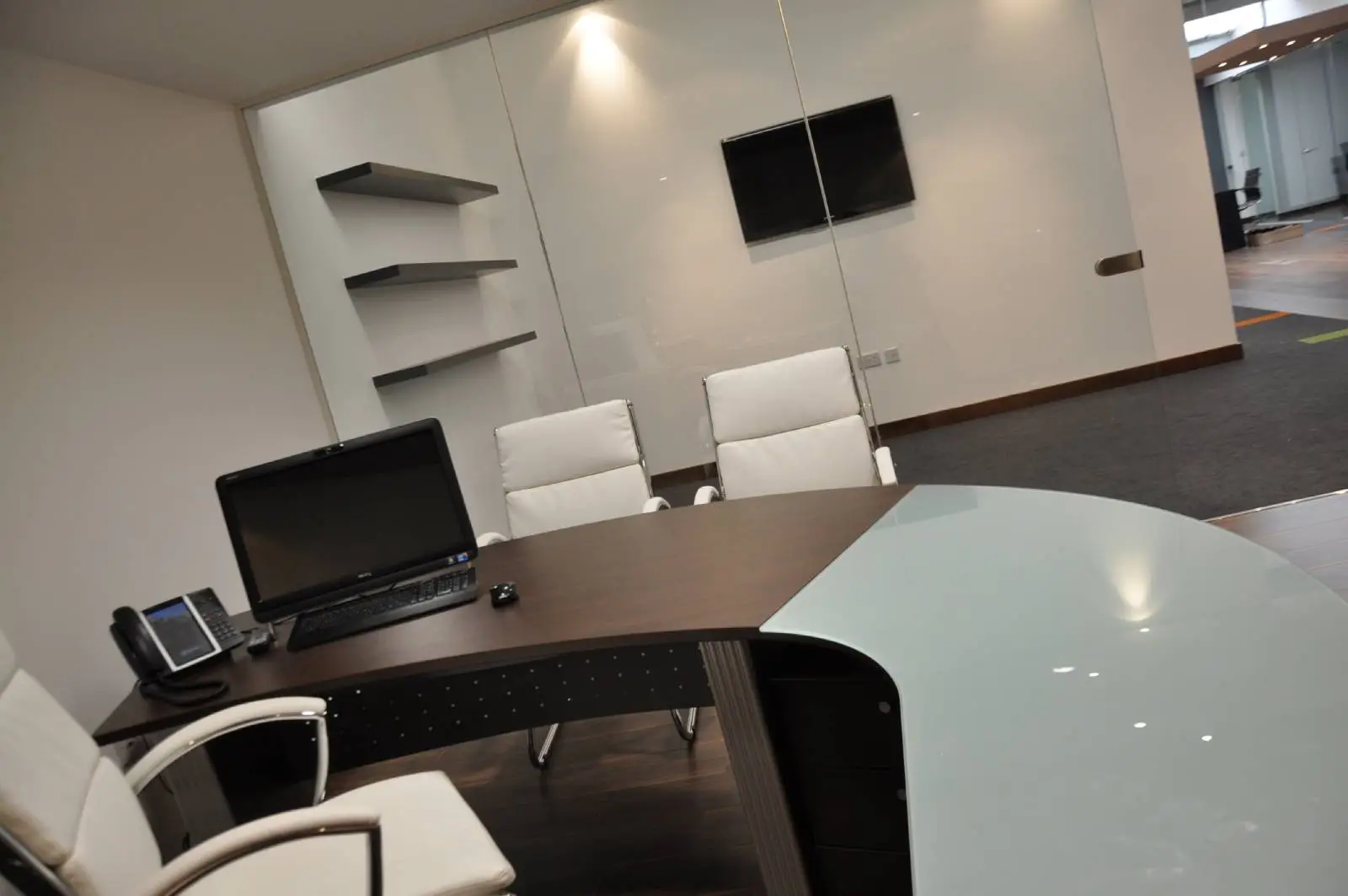 green leaf catering office space with plasterbaord ceiling, designer flooring and glass partitions 14