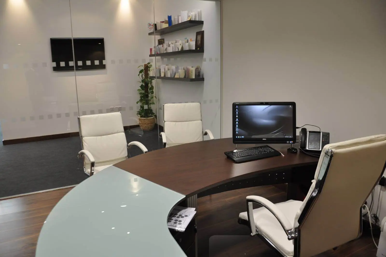 green leaf catering office space with plasterbaord ceiling, designer flooring and glass partitions 4