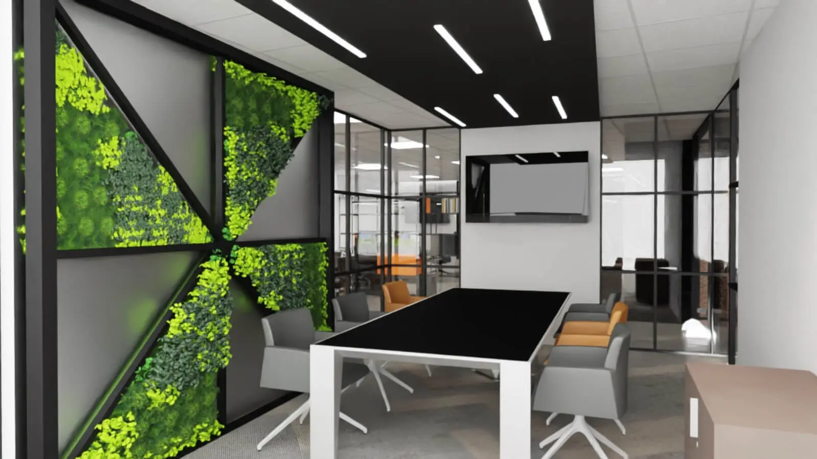 Prideview Properties office space with designer furnitures and black framed glass partitions 60