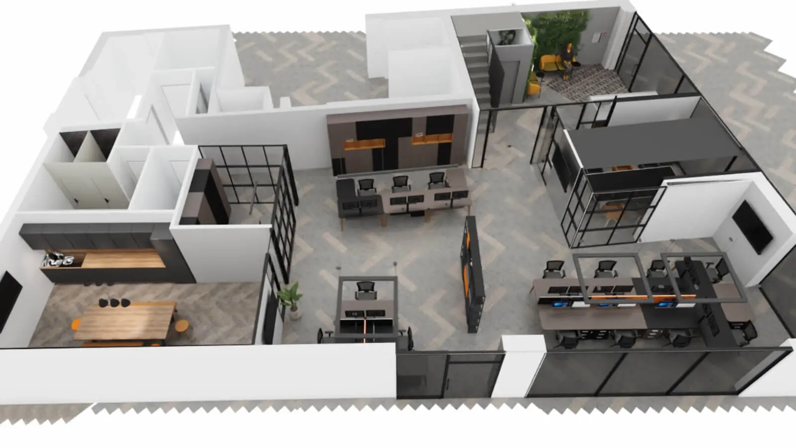 Prideview Properties office space with designer furnitures and black framed glass partitions 66
