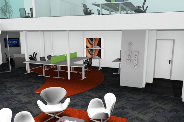 Simon Wang office space with designer furniture, flooring, suspended grid celing and glass partitions 2