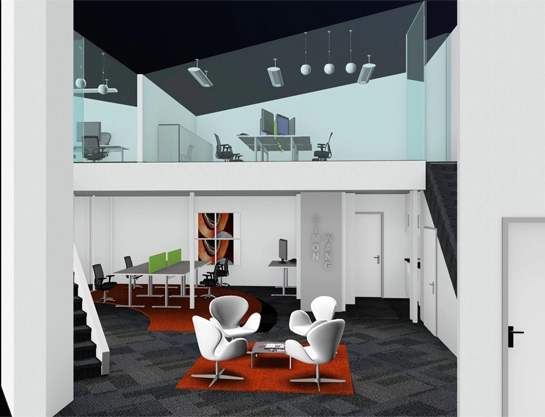 Simon Wang office space with designer furniture, flooring, suspended grid celing and glass partitions 3