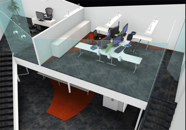 Simon Wang office space with designer furniture, flooring, suspended grid celing and glass partitions