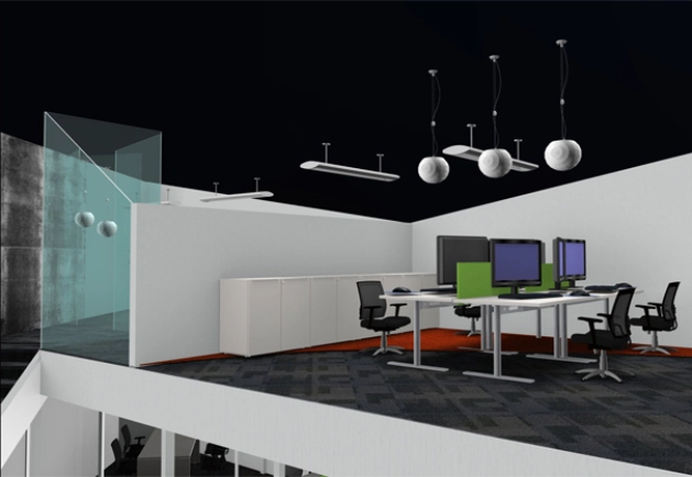 Simon Wang office space with designer furniture, flooring, suspended grid celing and glass partitions 4