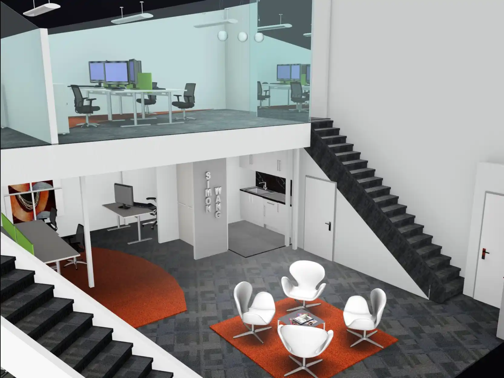 Simon Wang office space with designer furniture, flooring, suspended grid celing and glass partitions 6