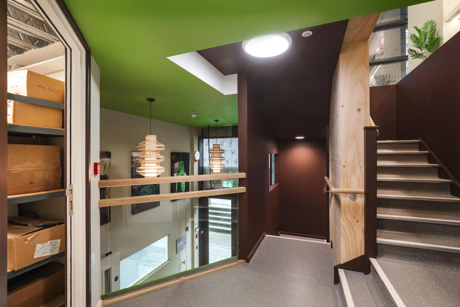 Vanilla Bazaar office space with designer furniture, laminated wood flooring, ceiling and glass partitions 12