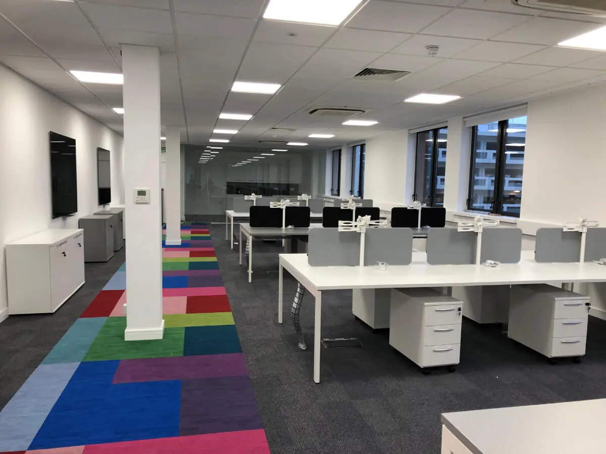 Ngage Recruitment office space with designer furniture and glass partitions and carpet tile flooring along with suspended grid ceiling 21