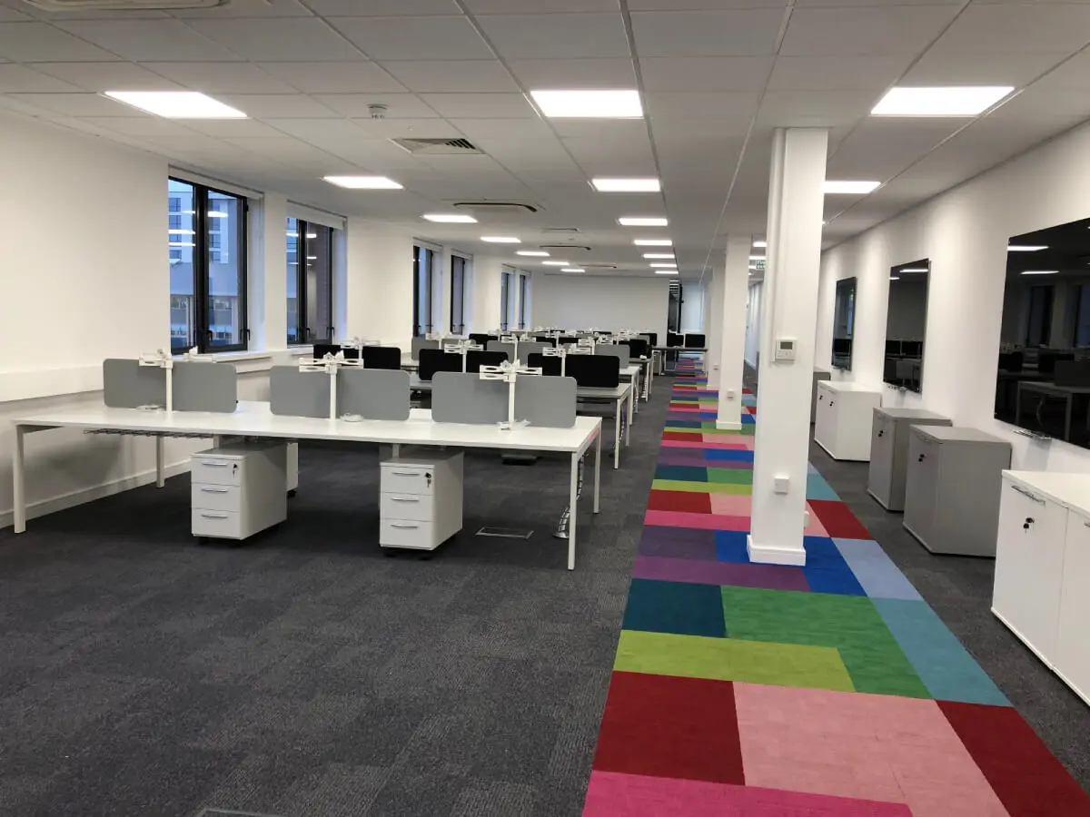 Ngage Recruitment office space with designer furniture and glass partitions and carpet tile flooring along with suspended grid ceiling 28