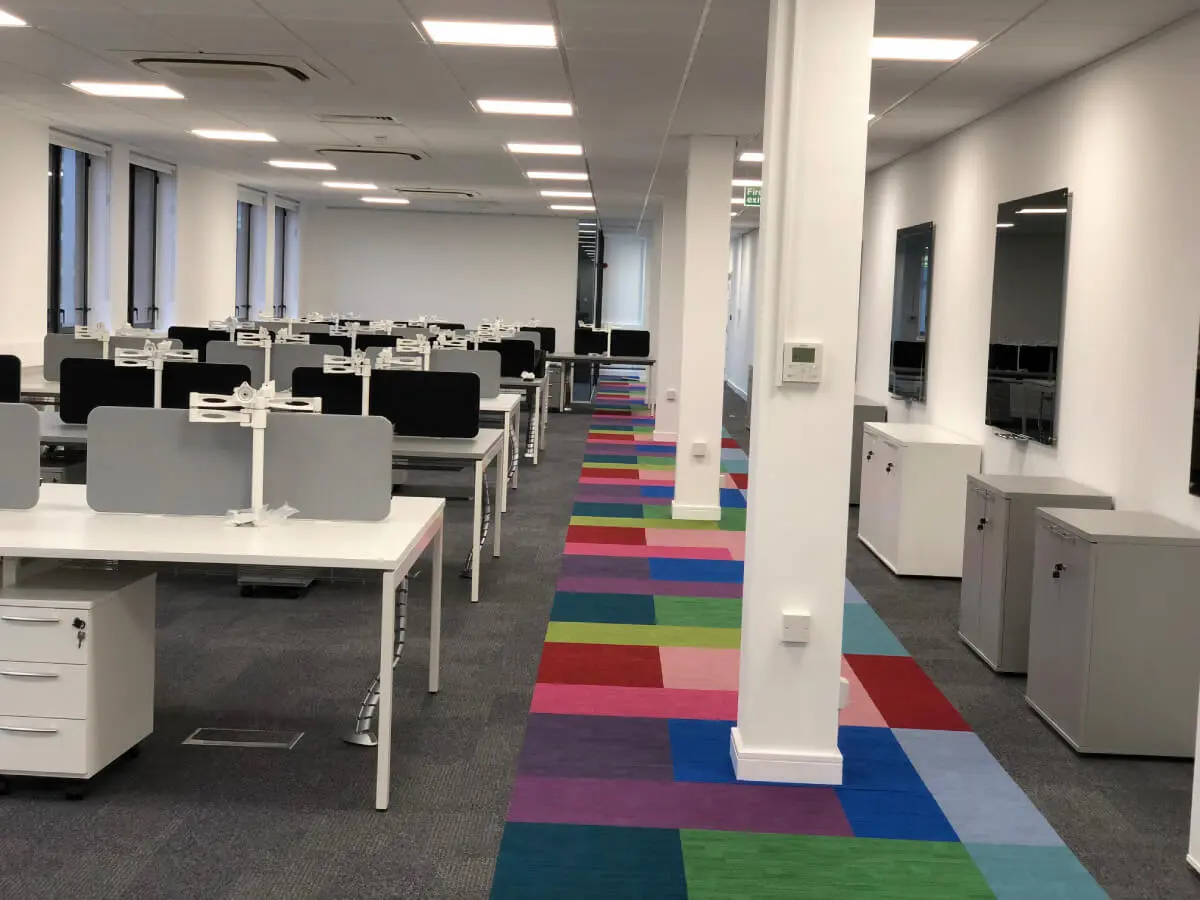 Ngage Recruitment office space with designer furniture and glass partitions and carpet tile flooring along with suspended grid ceiling 29