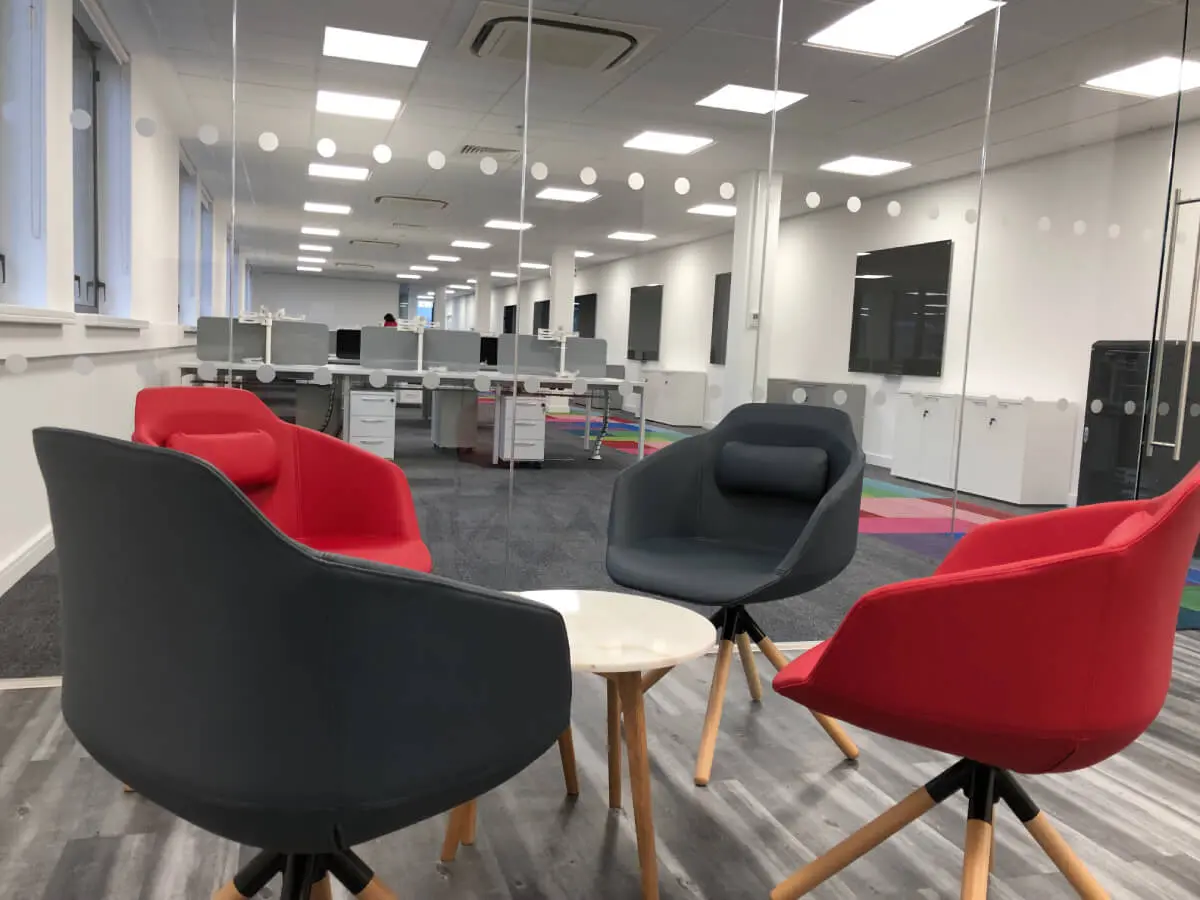 Ngage Recruitment office space with designer furniture and glass partitions and carpet tile flooring along with suspended grid ceiling 31