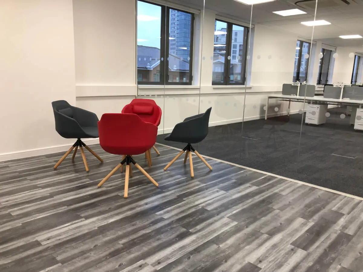 Ngage Recruitment office space with designer furniture and glass partitions and carpet tile flooring along with suspended grid ceiling 32