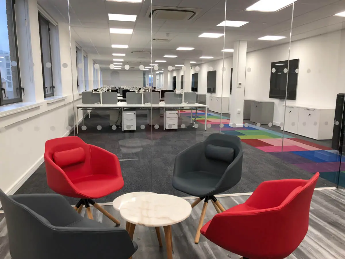 Ngage Recruitment office space with designer furniture and glass partitions and carpet tile flooring along with suspended grid ceiling 33