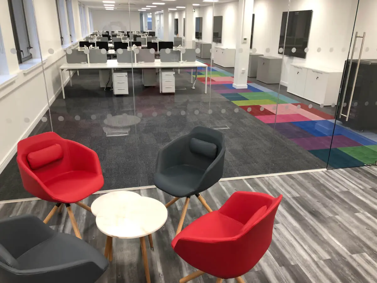 Ngage Recruitment office space with designer furniture and glass partitions and carpet tile flooring along with suspended grid ceiling 34